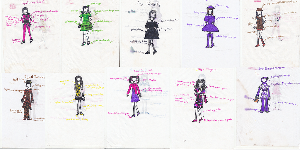 Some of the clothes I designed that I drew when I was 8 years old. There are 36 designs in total.