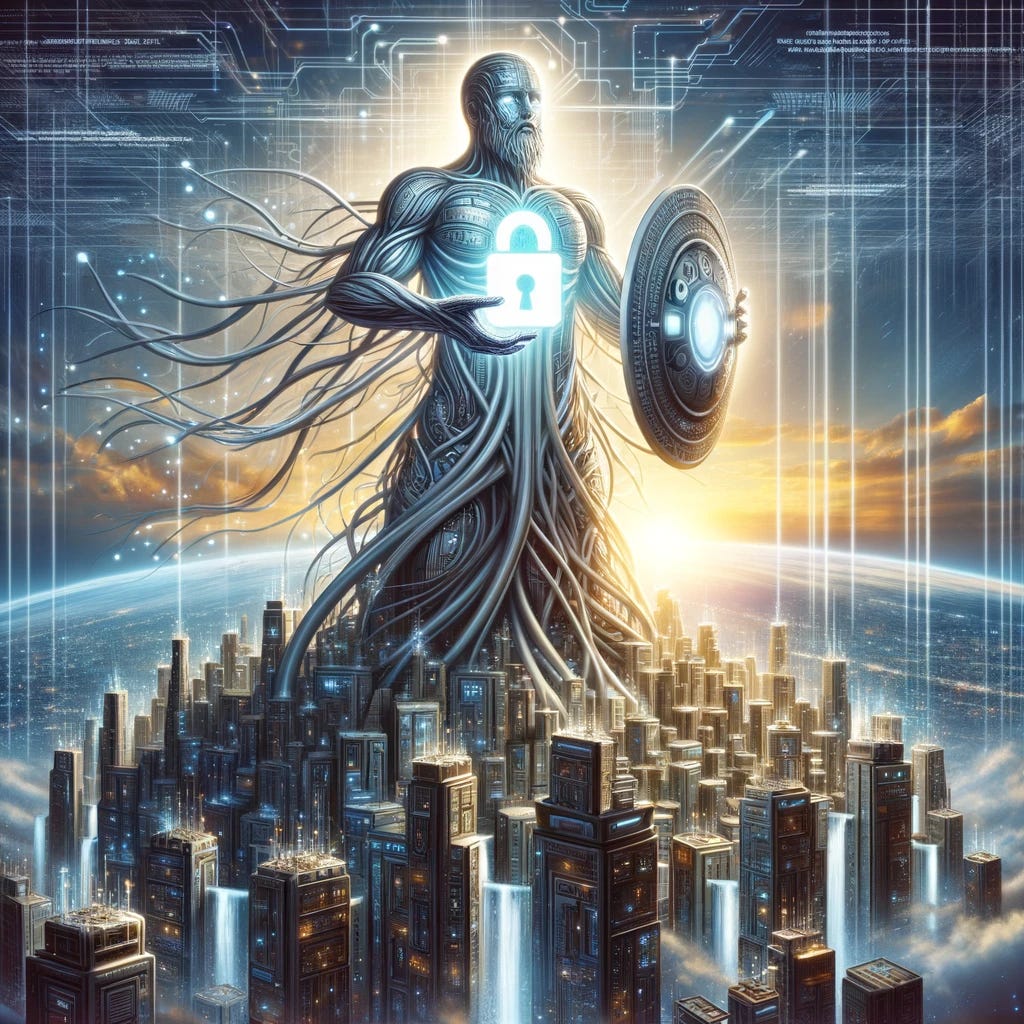 A grand personification of Open Source as a towering, protective figure made of intertwined digital code and circuitry, standing guard over a futurist