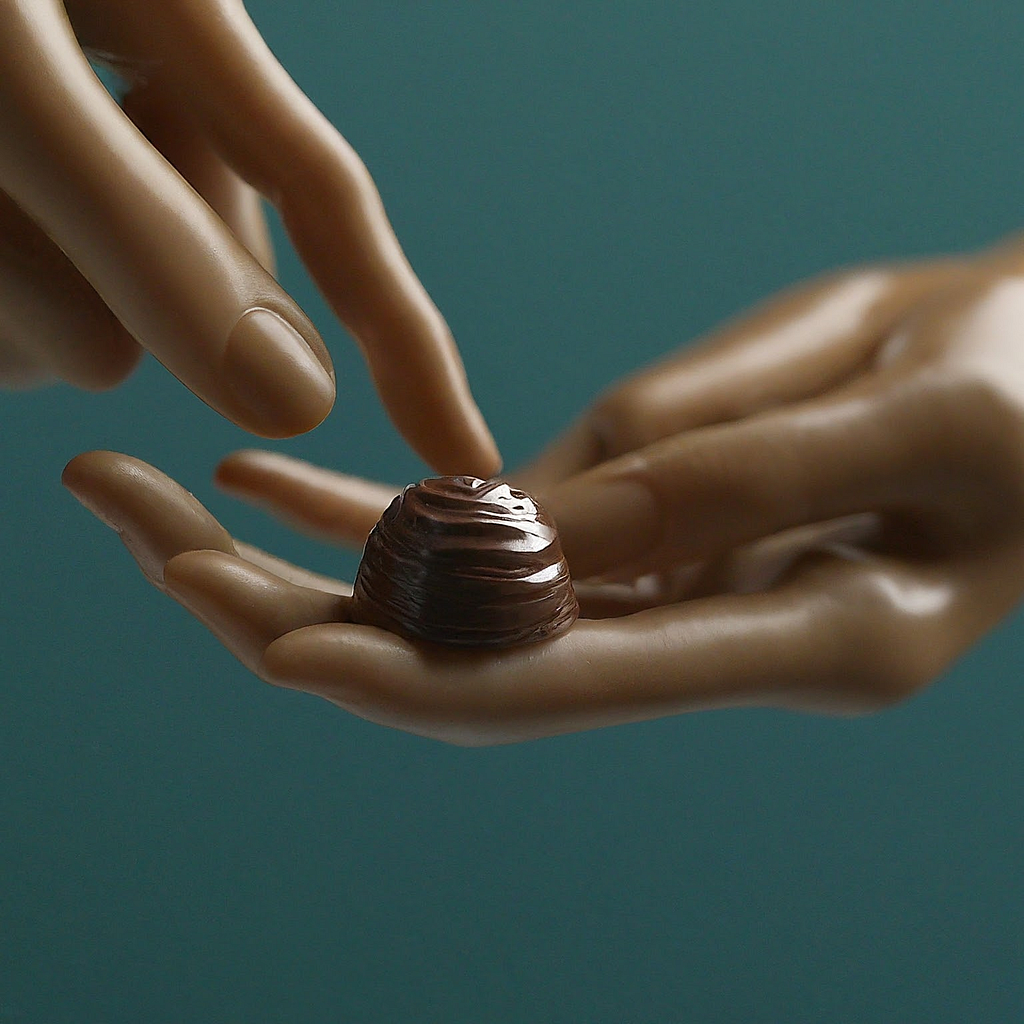 Two hands gently holding a piece of chocolate, symbolizing the unseen labor behind its production.