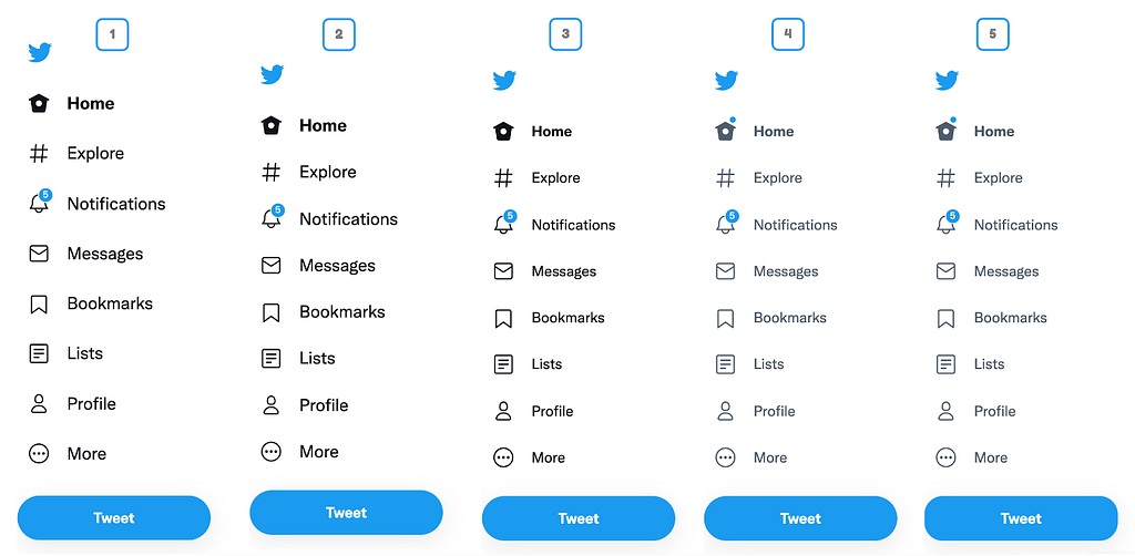 5 side by side shots of the twitter navigation menu