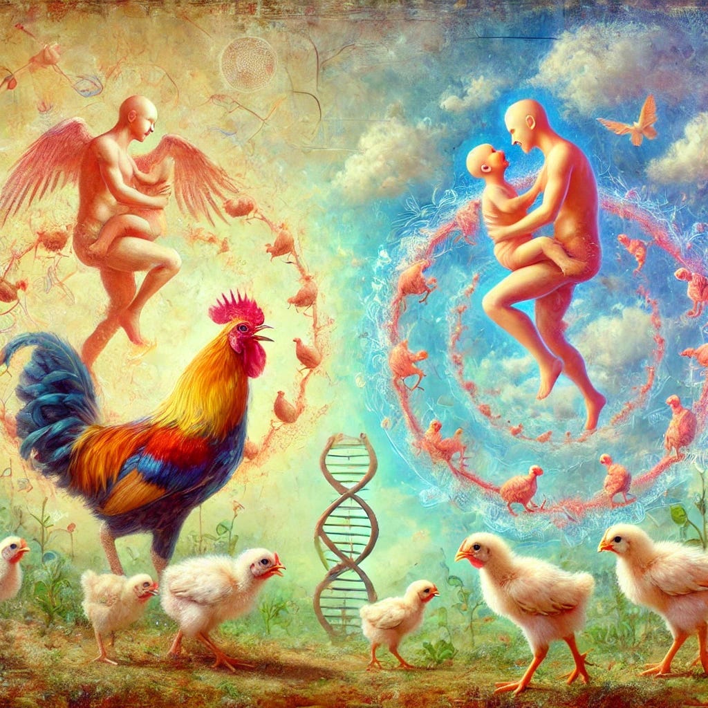 Figure 02: Image created by the Editor via DALL-E 3: A surreal illustration showing chickens and humans mating in parallel, symbolizing the continuity of their species. The chaotic and dreamlike environment, with chicks and children in the background, highlights the cycle of reproduction and continuity for both, as evoked in Alba’s poem.