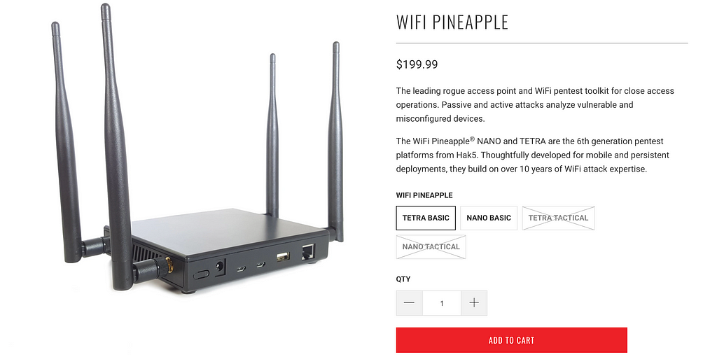 Sieht nicht aus wie eine Ananas: Der WiFi Pineapple Tetra. (Quelle: Screenshot von hak5.org)