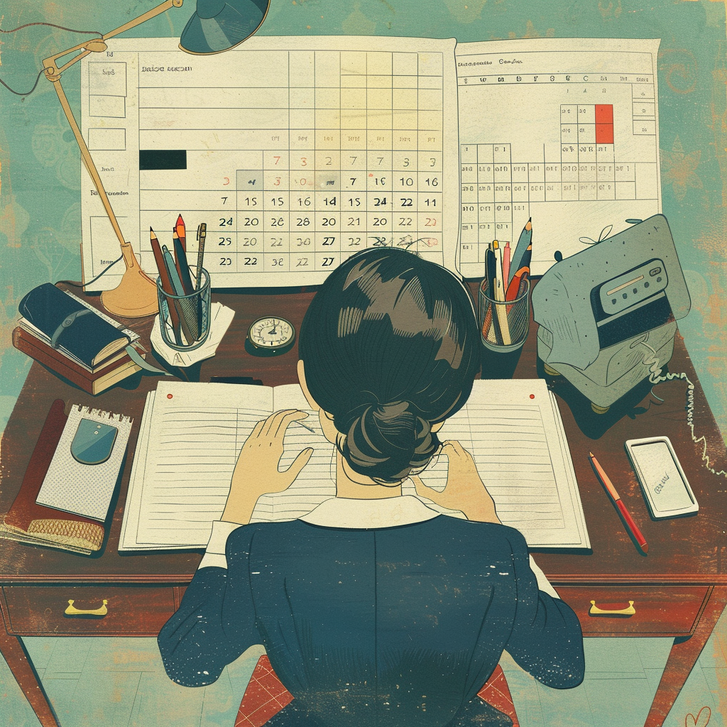 Secretary Writing Appointments in a Notebook: An image depicting a secretary sitting at a desk, writing appointments in a large, open notebook. The desk could be filled with office supplies like pens, a calendar, a phone, and a computer, symbolizing the organization and management of scheduling tasks.