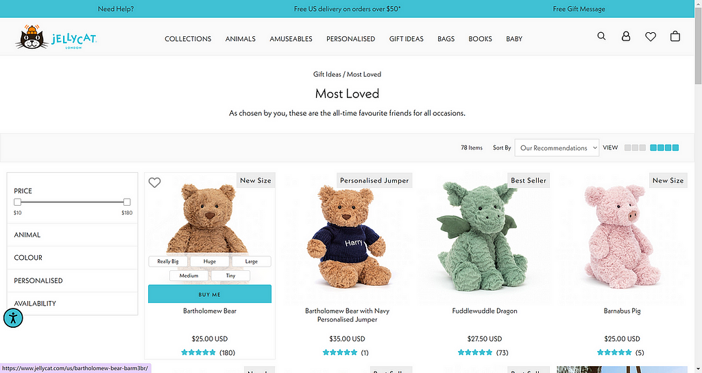 screenshot of Jellycat website