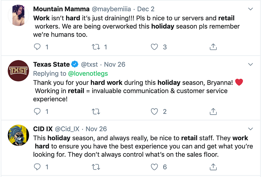 Screenshot of tweet about retail workers experiences during the holidays. Posted by multiple twitter users.