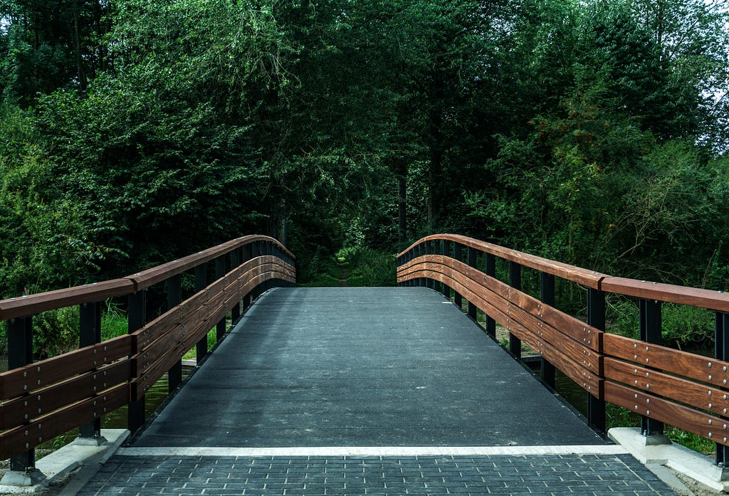 A bridge that leads into a forested area.