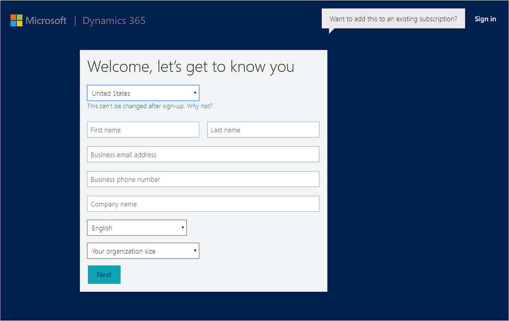 Microsoft Dynamic CRM Sign Up Page