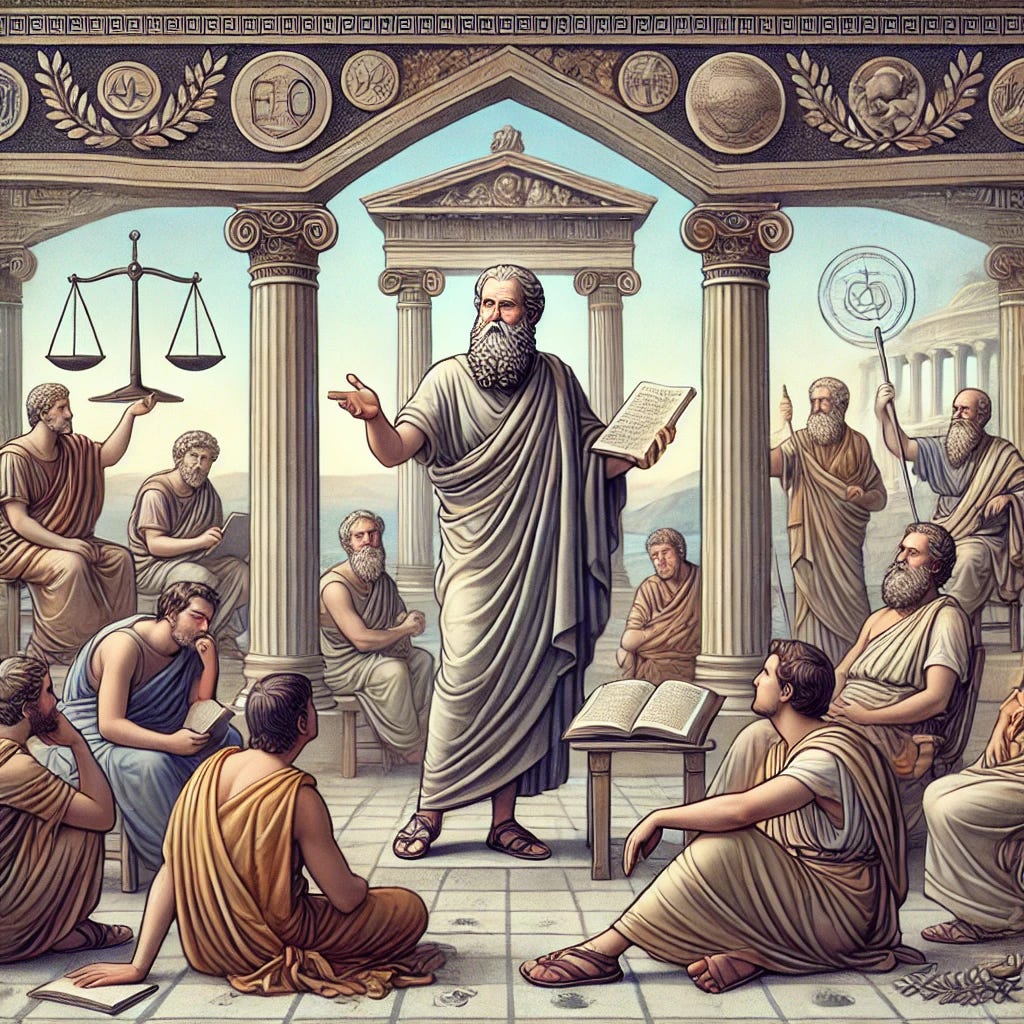 An illustration depicting Zeno of Citium and the birth of Stoicism. The scene shows Zeno, an ancient Greek philosopher, teaching a group of students under a stoa (a covered walkway) in ancient Athens. Zeno is portrayed as an older man with a beard, wearing traditional Greek clothing, and gesturing as he speaks. The background includes elements such as columns and ancient architecture, with students attentively listening and engaging in discussion.