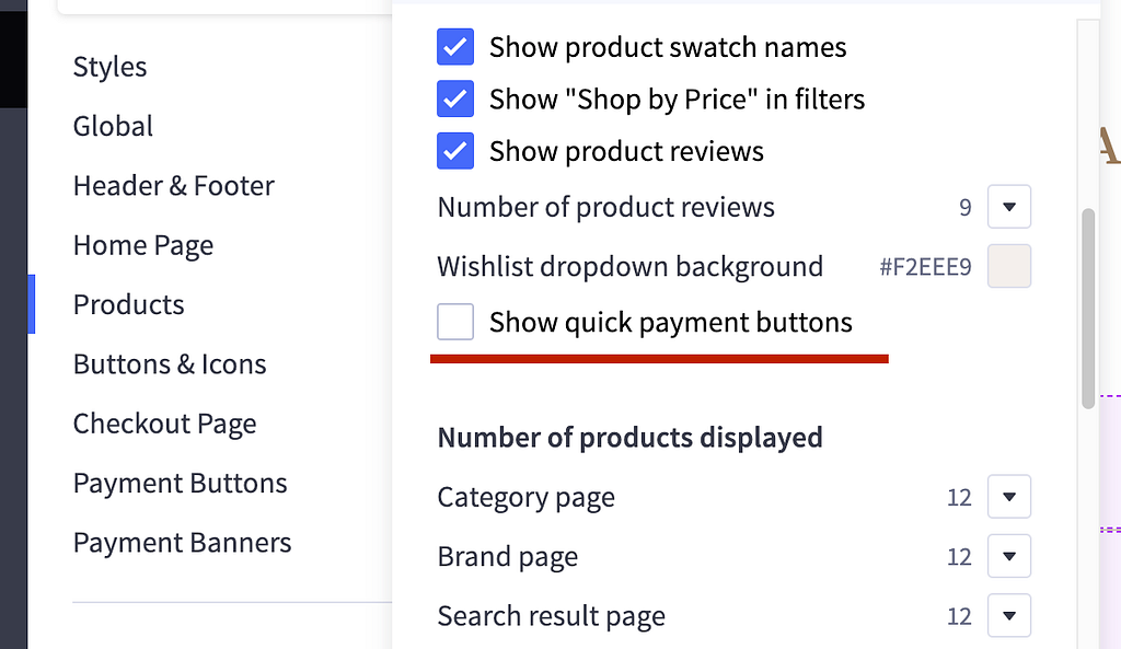 Adding checkbox to Products section for toggling the Wallet buttons feature in Page Builder Image