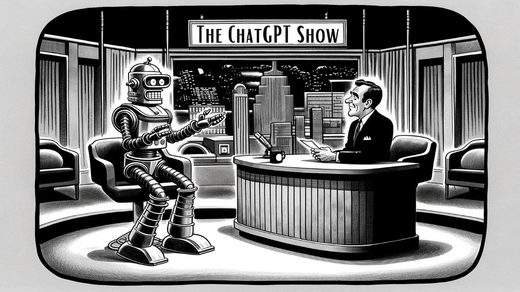 A black and white illustration of a late-night talk show setting, titled ‘The ChatGPT Show.’ A classic, boxy robot with visible joints and a round head featuring antenna and eyes, is depicted as the guest. It’s gesturing with its hands as if in conversation. The host, a man in a suit with neat hair and a professional demeanor, sits across from the robot at a curved desk. Microphones and notes are on the desk, with an urban skyline visible through the window in the background.