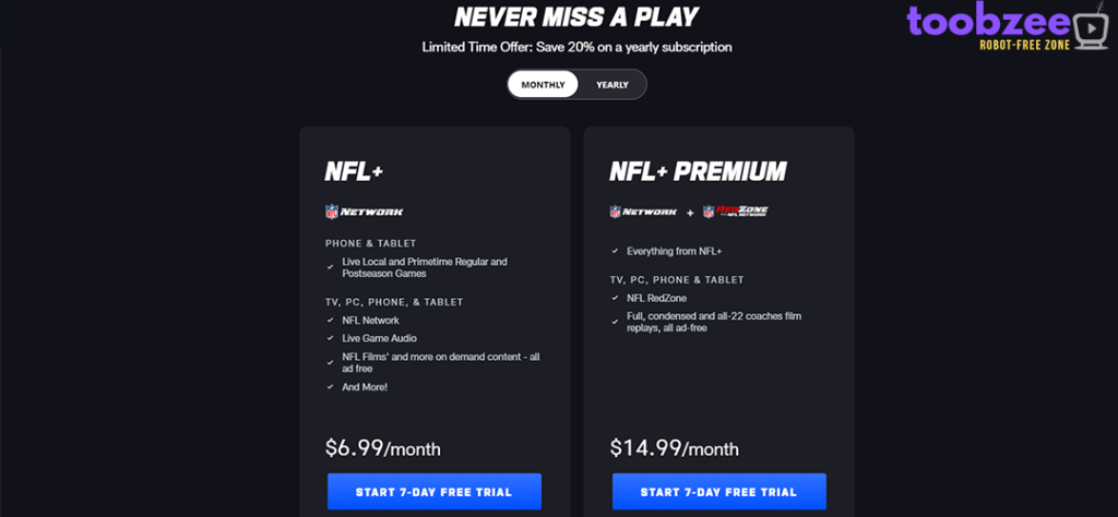 Screenshot of NFL+ price plans