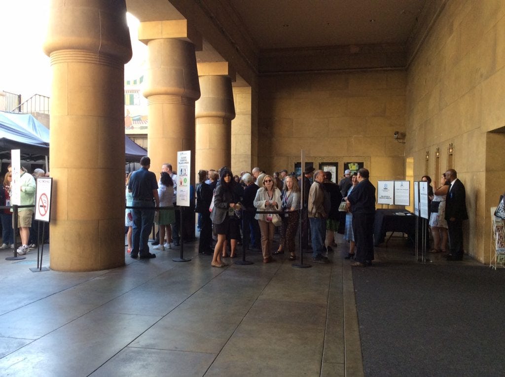 Lines snaking through the plaza in front of the Egyptian for Vitaphone at 90 presentation early Saturday morning 