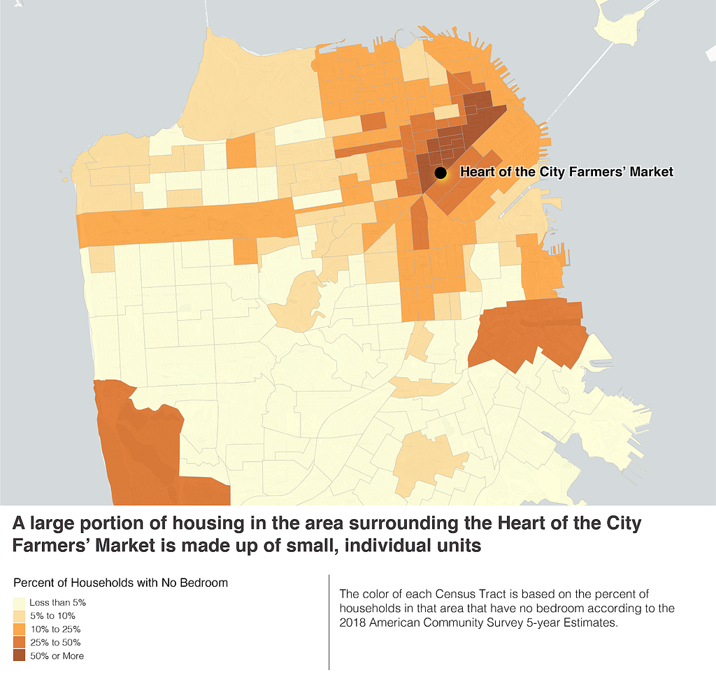 Map of SF with each Census Tract in shades of orange to indicate small, individual units. Darkest is the Tenderloin.