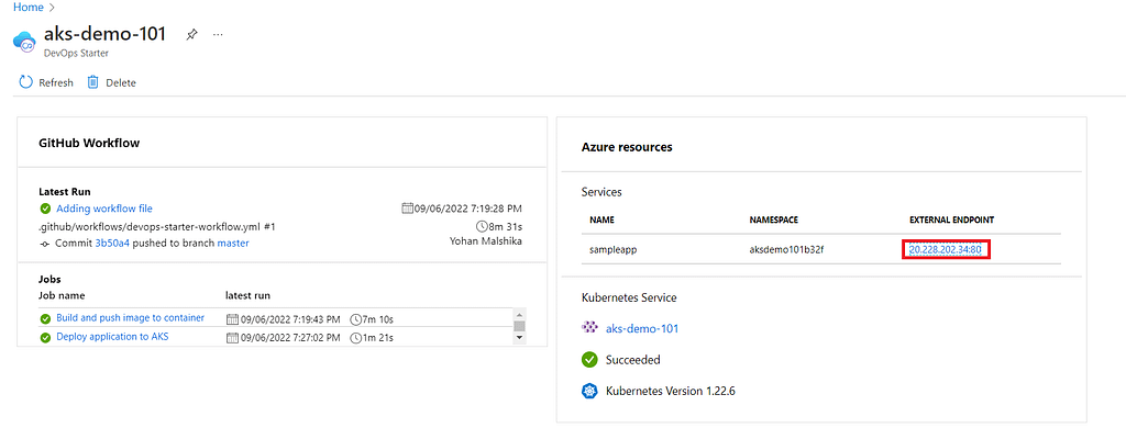 Azure portal displaying the Azure resources and the status of the GitHub workflow