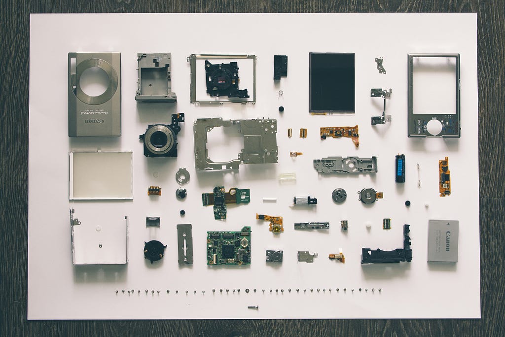 The disassembled components of a digital camera