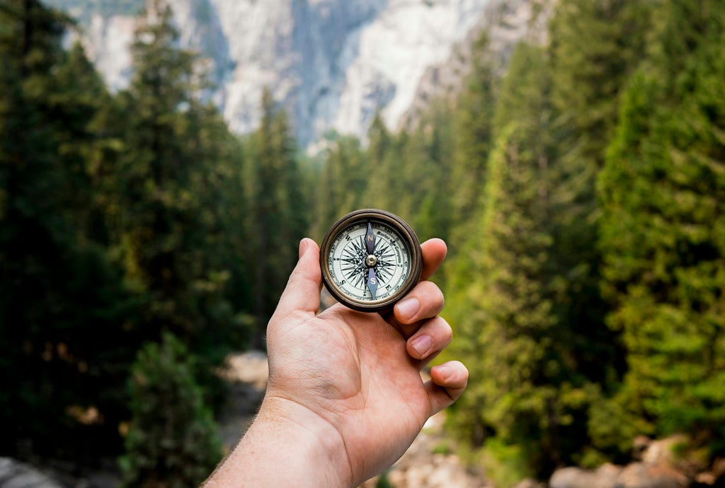 This image depicts a hand holding a small compass in a forest.