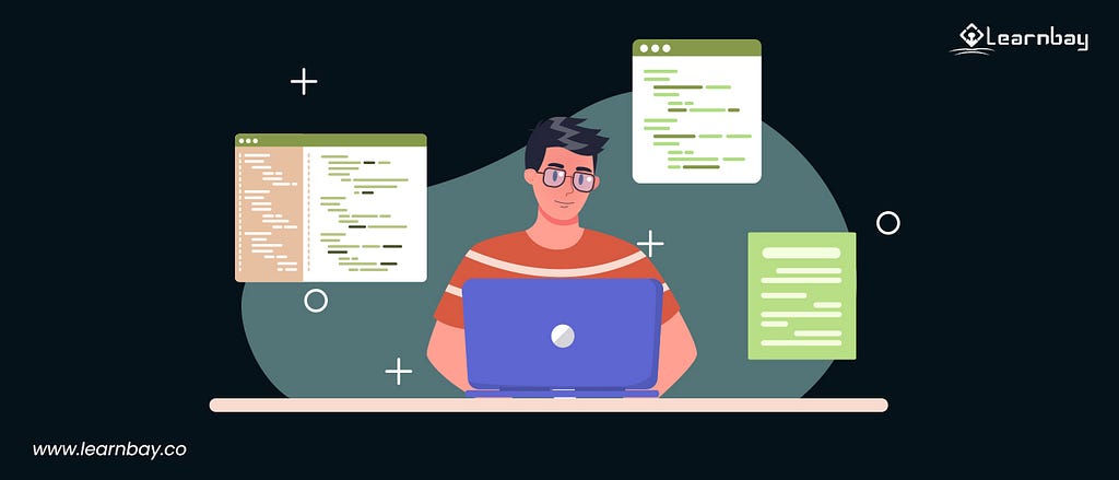 An illustration shows a system designer seated in front of a laptop uses system designing softwares.