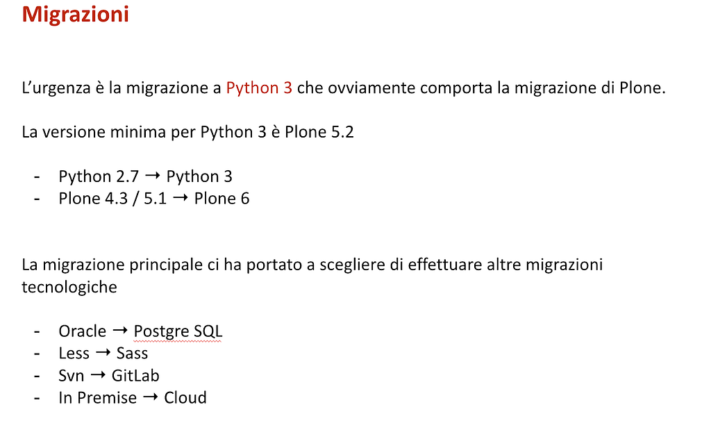 Diagramma di flusso che illustra le diverse fasi di migrazione tecnologica, dalla sostituzione di Python 2.7 con Python 3 e di Plone 4.3/5.1 con Plone 6, fino al passaggio da Oracle a PostgreSQL e da SVN a GitLab