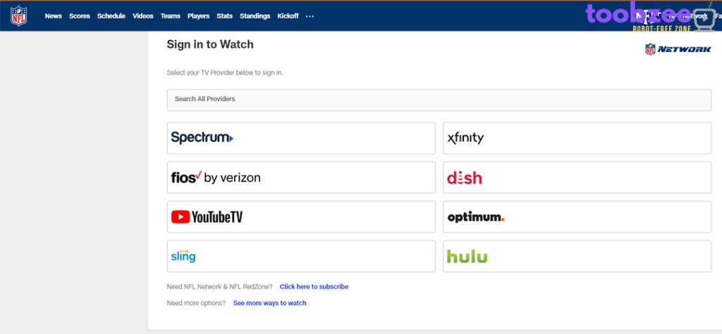 Screenshot of TV providers with NFL Network