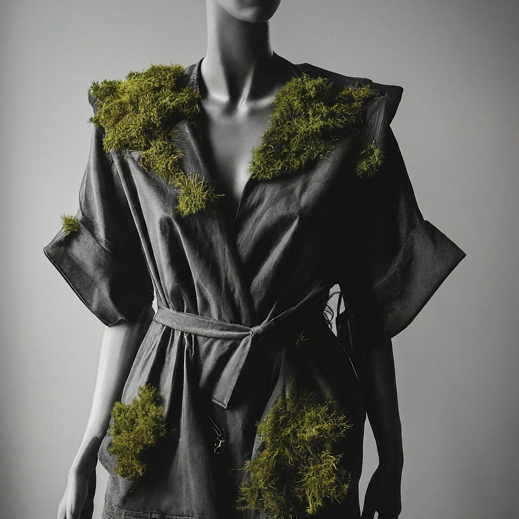 A mannequin wearing a dark, avant-garde garment, accentuated with vibrant green moss-like elements, representing the innovative and sustainable solutions offered by eco-friendly fashion in response to environmental challenges posed by the conventional fashion industry.