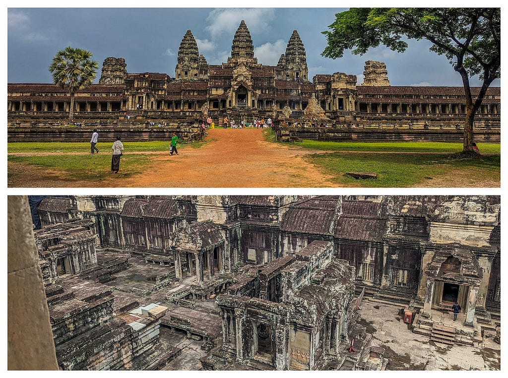Top photo shows exterior of Angkor Wat; bottom shows interior.