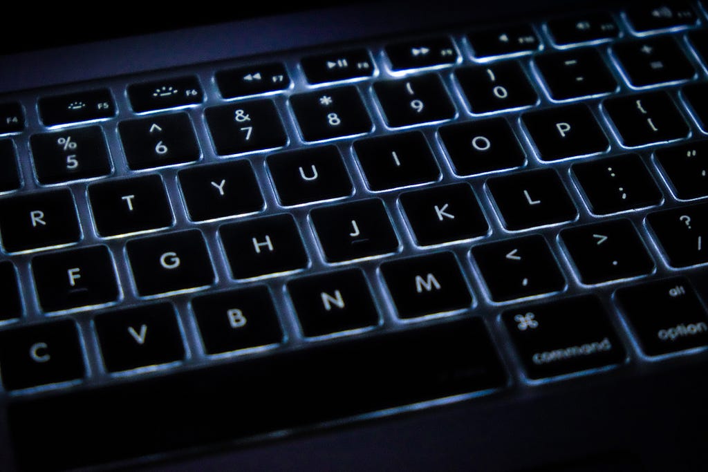 Keyboard shot illustrating the raised bumps over letters F and J