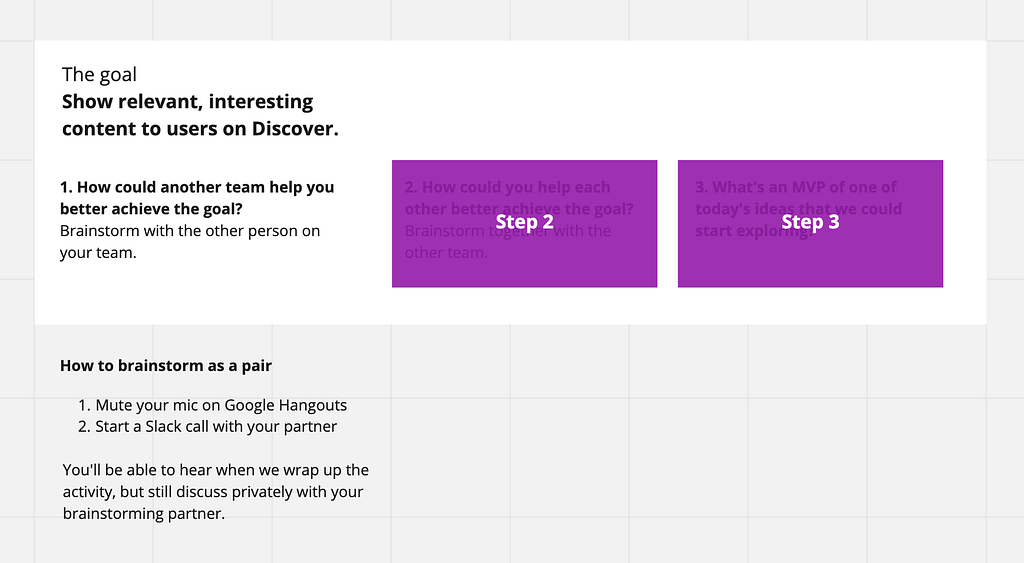 Screenshot of activity instructions on a Miro board. Two of the activities are covered up with purple rectangles to hide them
