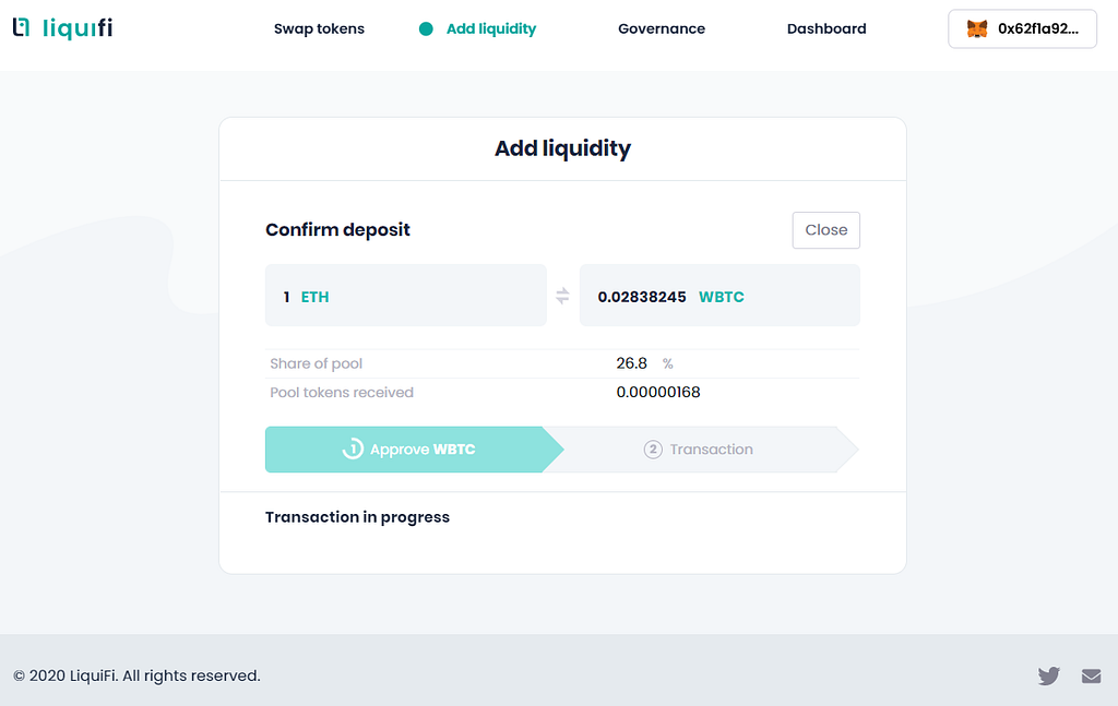 Liquifi Exchange UI — Add liquidity transaction in progress
