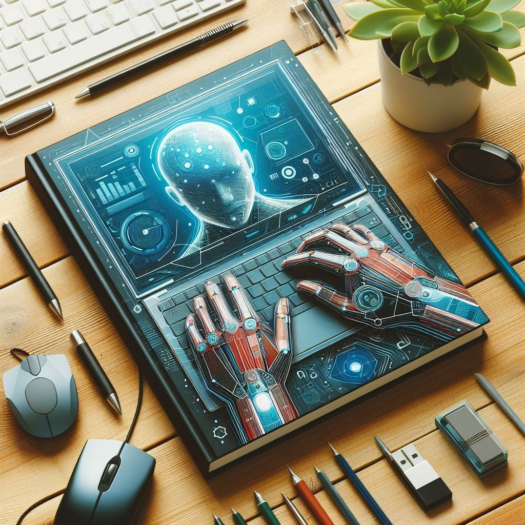 Ornamental image of a desk with pencils, pens and mouse carefully positioned about a book with a sci-fi illustration as a cover. The cover showcase a laptop with cyber human-hands texting on the keyboard, while on the display we see data chart in blue and turquoise colors with a human head at the center projecting sci-fi and cyberpunk feelings