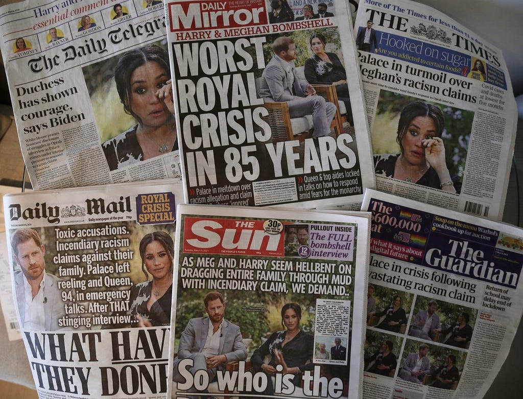 An arrangement of UK daily newspapers from March 9, 2021 show front page headlines reporting on Harry and Meghan’s Oprah interview.