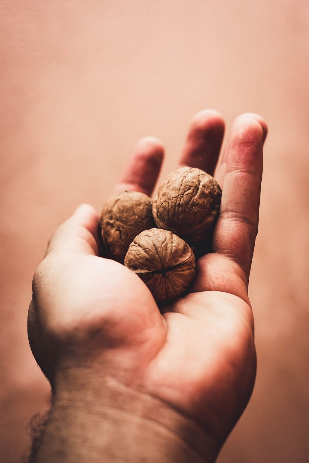 A man holding a handful of walnuts.