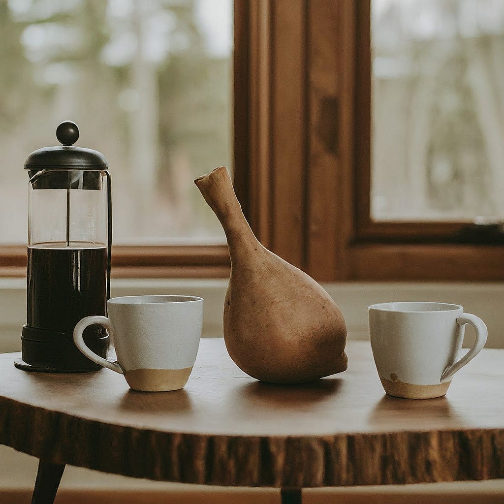 A coffee table with a French press, two coffee mugs, and an ancient wineskin. This represents the disconnect between spiritual wineskins designed for different places and times.