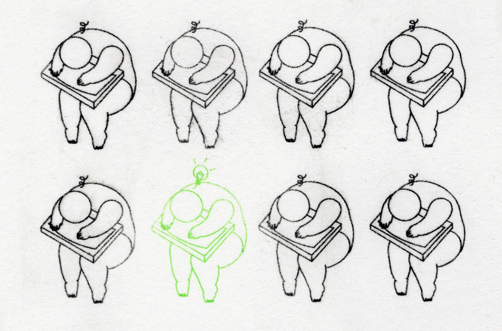 Illustration of 8 characters repeated at a desk with one highlighted in green with a little lightbulb.
