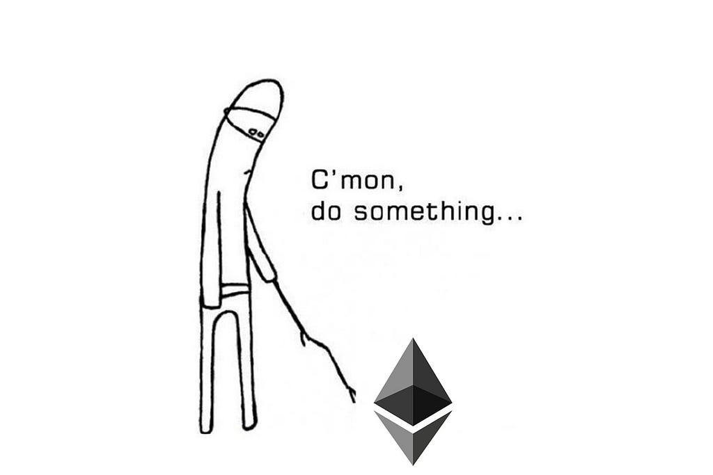 A meme showing a man poking the ETH logo, telling it to do something