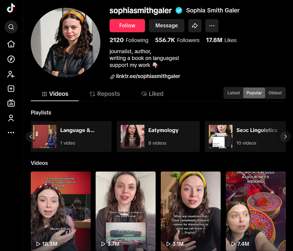 Sophia Smith Galer’s TikTok profile which shows she has more than 17 million likes and 18 million views. Credit: Clare Spencer