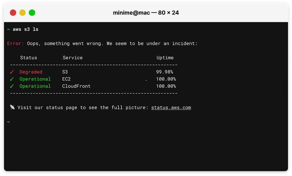 Command Line Showing Status Page embedded status, incident, maintenance