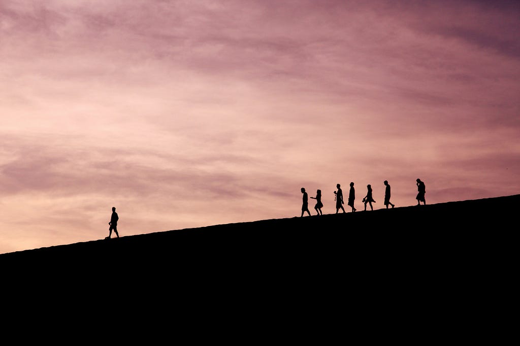 A group of people walking down a hill with a person leading them, there is a pink sunset in the background.