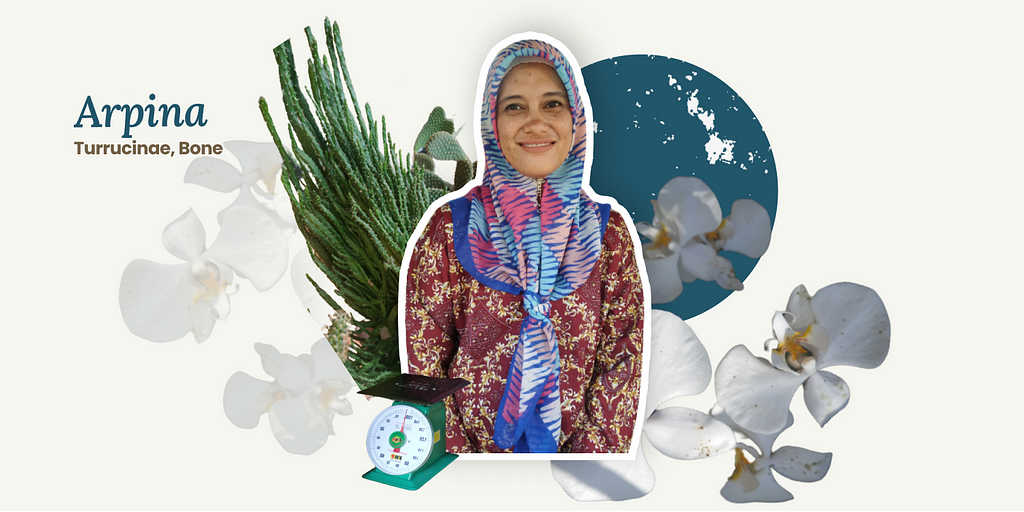 Photo collage featuring star agent Arpina in a brightly printed dress and headscarf, surrounded by tropical leaves and a scale to weigh products from her store.