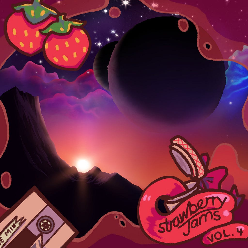 The album cover for the Strawberry Jam Expert Lobby Soundtrack. A sun shines on the horizon of mountainous alien planet, illuminating a thin but vibrant pink and golden sky. Higher up in the sky are two rocky moons, one larger than the other. Behind the moons is a field of shining stars, scattered across pink and blue nebulae. In the bottom right corner, an overlay of an open strawberry jam jar appears, and written on it is “Strawberry Jams Vol 4”.