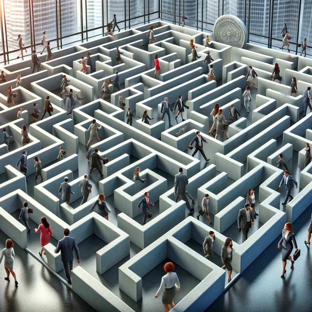AI generated image of business people in a corporate maze.
