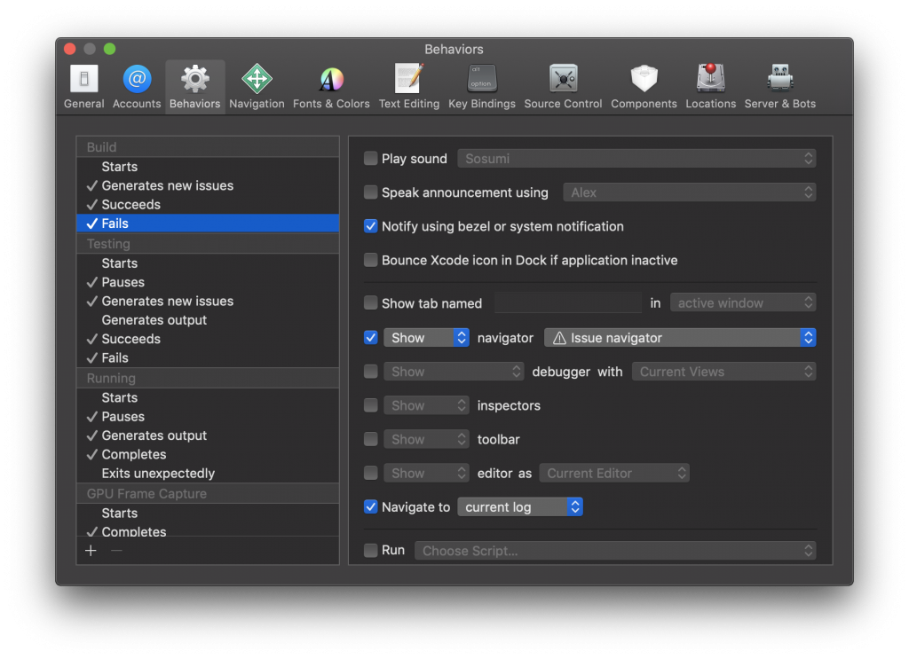 An Xcode behavior to open the Issue Navigator for failing builds