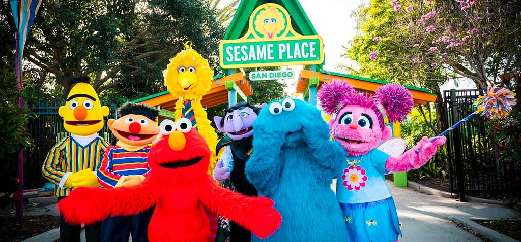 Sesame Street characters in front of San Diego park entrance