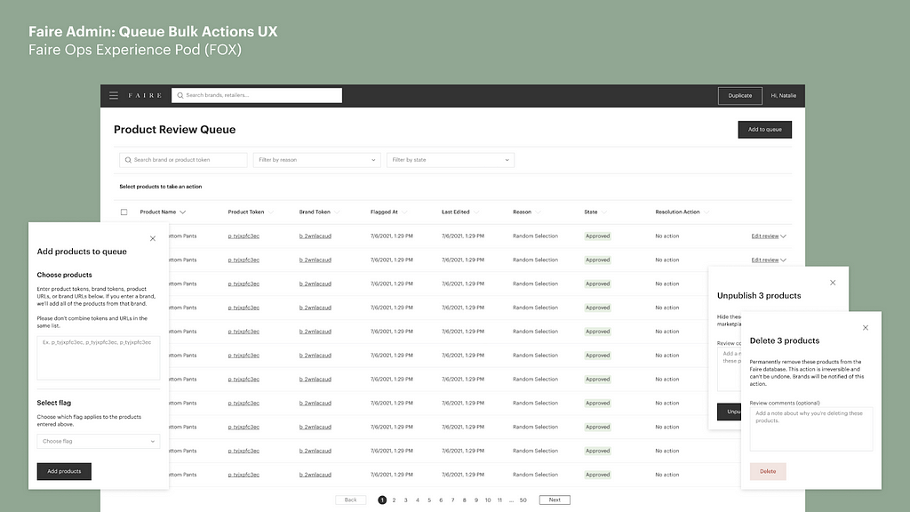 Screenshots showing the UX of Faire’s internal tool bulk actions tool, which enables the Marketplace Ops team to add products to queue, unpublish products, and delete products.