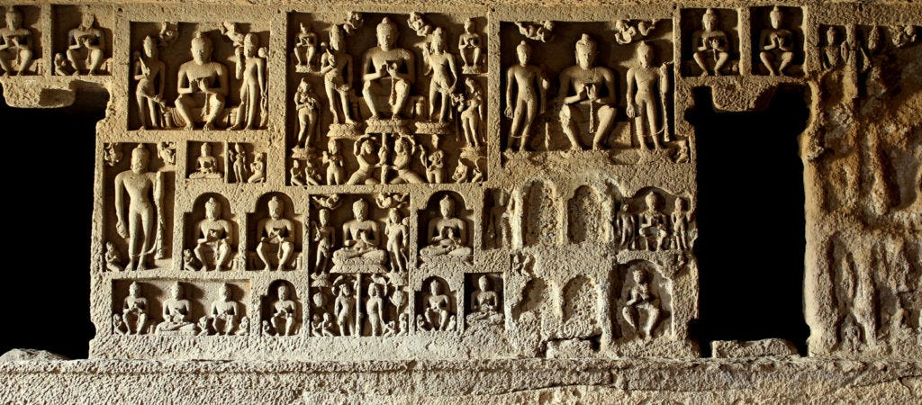 Sculptures of Lord Buddha in cave 90, Kanheri caves, Mumbai