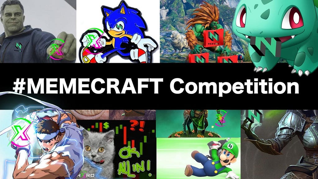 Collage of memes with Nervos and Hxro logos with words “#Memecraft Competiton” across