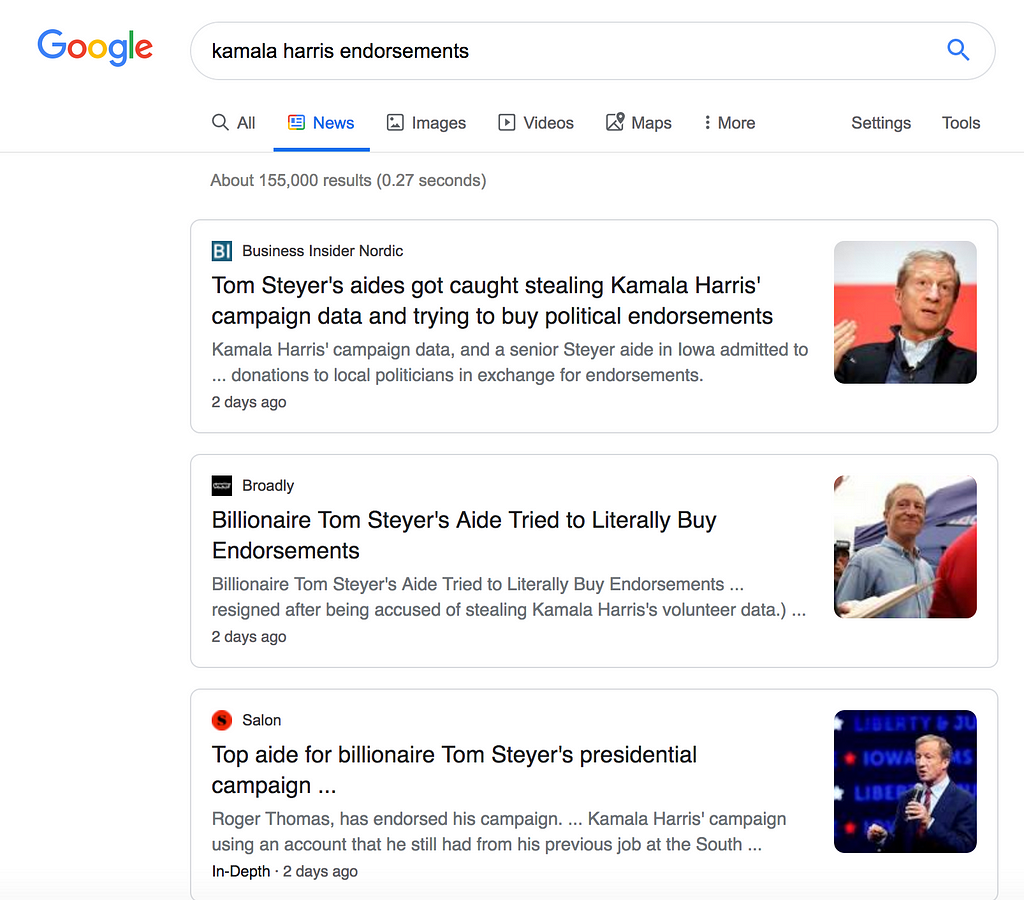 A Google search for "Kamala Harris endorsements". The results are all about Tom Steyer, with pictures - so all the pictures on the pager are of white guys