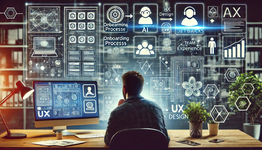 UX designer reflecting at a desk with multiple screens displaying wireframes and prototypes, representing AI integration, onboarding processes, and team collaboration.