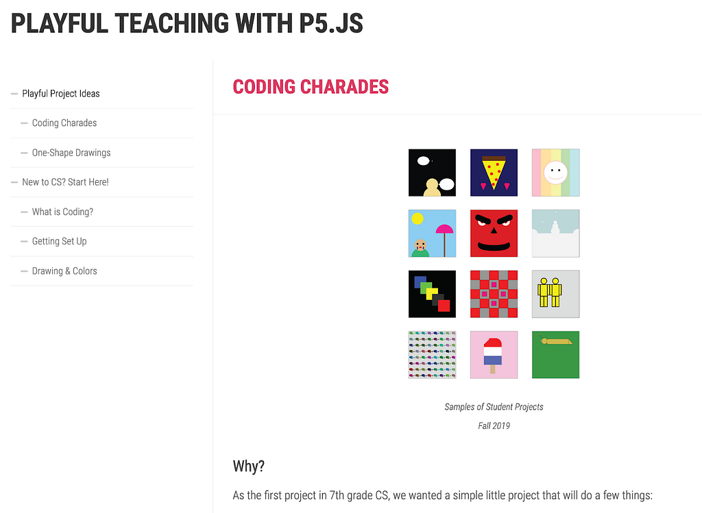 A screenshot with the header “Playful Teaching with p5.js,” then “Coding Charades,” below that. There is a grid of 12 squares with computer-generated images, with the caption, “Samples of Student Projects, Fall 2019.” Text beneath that reads: “Why? As the first project in 7th grade CS, we wanted a simple little project that will do a few things:”
