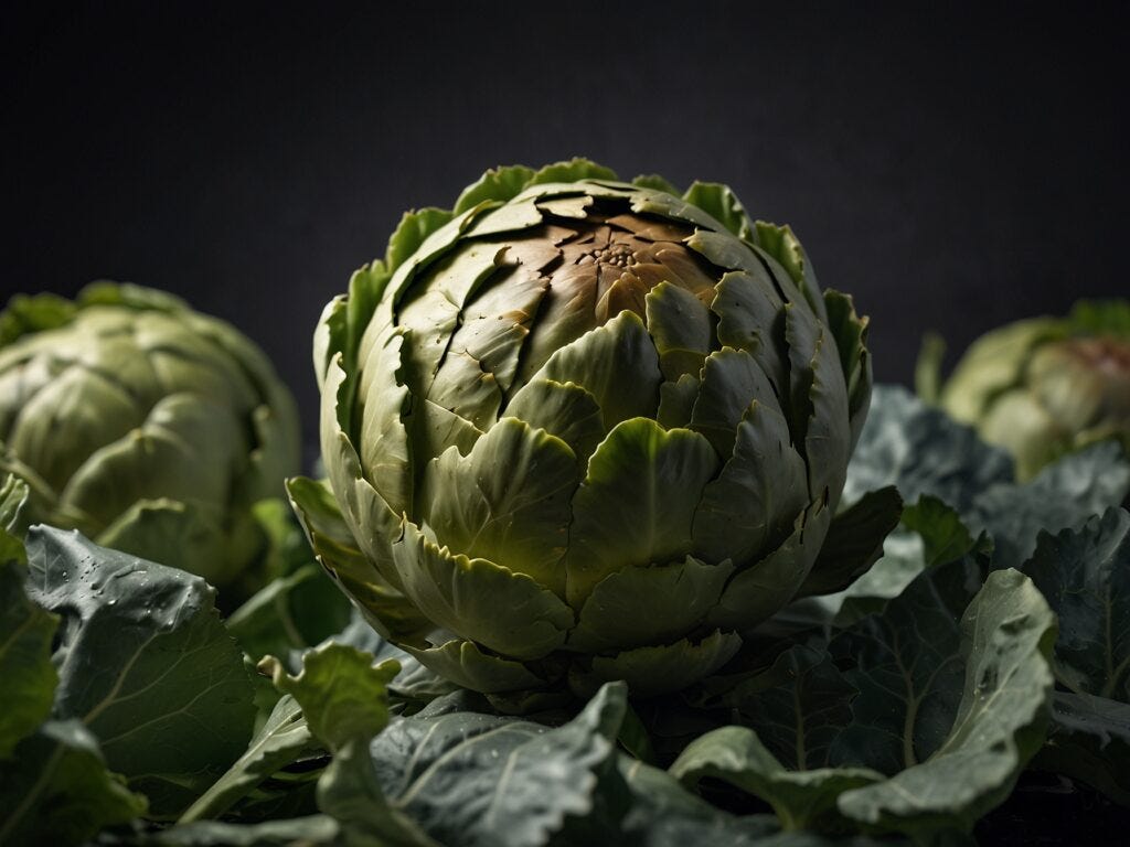 A close-up of a fresh hydroponic artichoke with intact leaves, highlighted by a beam of light against a dark background, surrounded by other hydroponic artichokes and leaves.