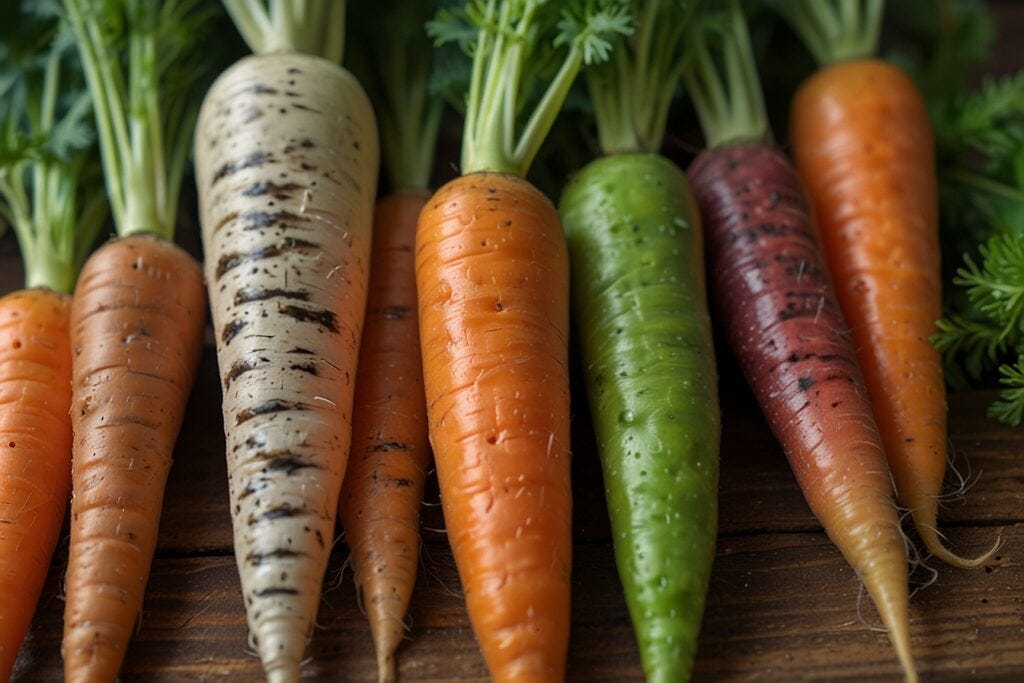 Assortment of freshly harvested hydroponic carrots in various colors, including orange, white, and green, with visible soil, displayed on a wooden surface.